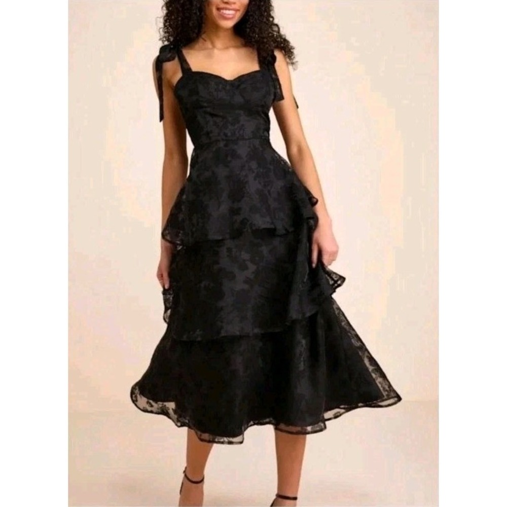 NWT Lulus Glamorous Sweetie Black Burnout Tie Strap Bustier Tiered Midi Dress XL
